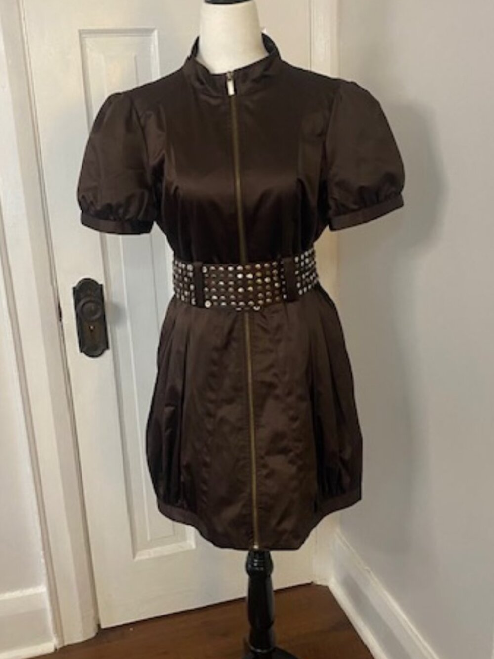 VTG Y2K bebe Satin Mini Dress Brown Studded Belt Cap Sleeve Zip Jacket Dress L